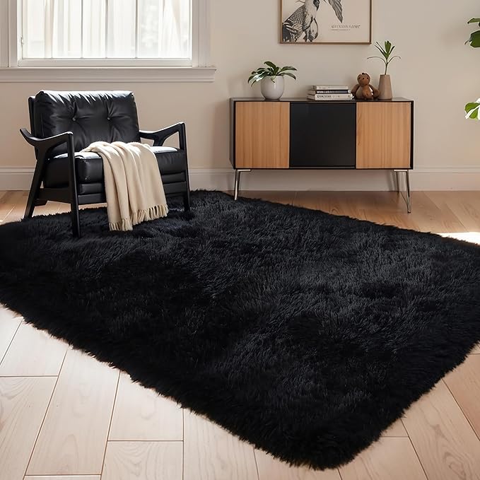 KICHOWUA Thick Area Rug Black Fluffy Shag 5x7 for Bedroom, Ultra Soft Plush Fuzzy Washable Thickened Non-Slip Floor Carpet, Modern Cozy Furry Rug for Living Room Kids Baby Boys Girls Nursery Dorm