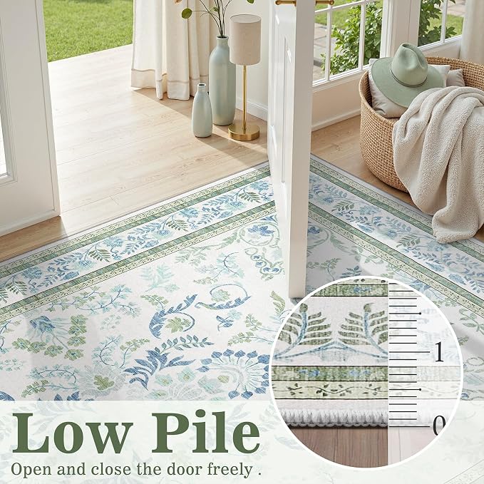 DCX Green and Blue Floral 2x6 Runner Rug, Machine Washable with Flowers Non Slip Vintage Floral Backing Hallway Runner Rug Carpet for Nursery Soft Low Pile Stain Resistant, Kitchen, Bathroom