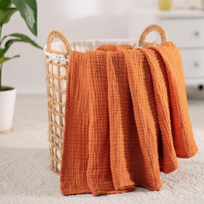 Carriediosa 100% Cotton Muslin Throw Blanket 50" X 70" Throw XL Size，4-Layers Summer Gauze Throws for Bed Couch，Soft Lightweight Breathable Linen Blankets Bedspread for Adults All Season，Orange