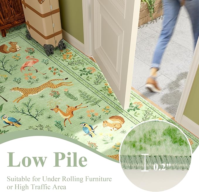 DUKINO 2x4 Rug for Hallway, Washable Kitchen Runner Rug with Non Slip Backing, Soft Low Pile Vintage Animal Runner for Bedroom, Kitchen, Hallway, Entryway, Laundry, Light Green