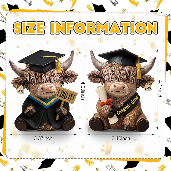 Karenhi 2 Pcs Graduation Highland Cow Figurines, Resin Congrats Grad Decorations, I Did It and Diploma Yak Collectibles for 2026 Graduation Gifts Party Table Centerpiece