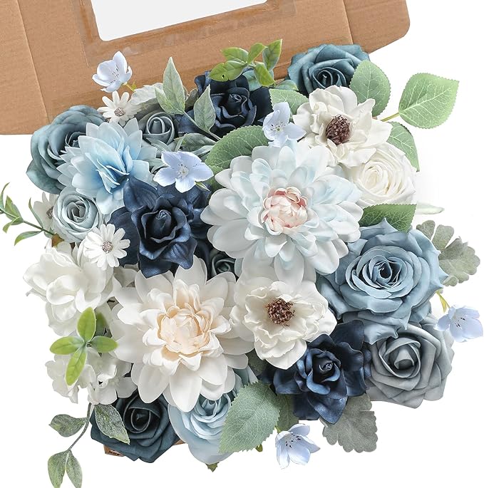 rongflower Blue Artificial Flowers Combo Box Set Silk Flowers Fake Rose for DIY Floral Arrangements Wedding Bouquets Centerpieces Baby Shower Party Home Decorations