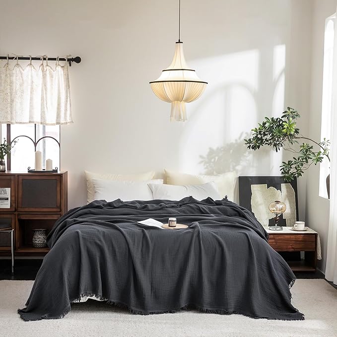 FOSSA Muslin Blanket: 4-Layer 100% Cotton Gauze Blanket with Fringe 98"x98" | Super Soft Breathable Lightweight All Season & Decorative Blanket or Bed, Sofa, Office (Dark Gray,Oversize Queen)