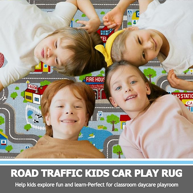 Capslpad Sky Blue Car Road Kid Rug Carpet Playmat for Playoom Traffic Road Kids Play Mat for Toddler Non Slip Washable City Map Race Track Carpet Rug for Kids Room Playroom Classroom Decor,6.6'x9.8'