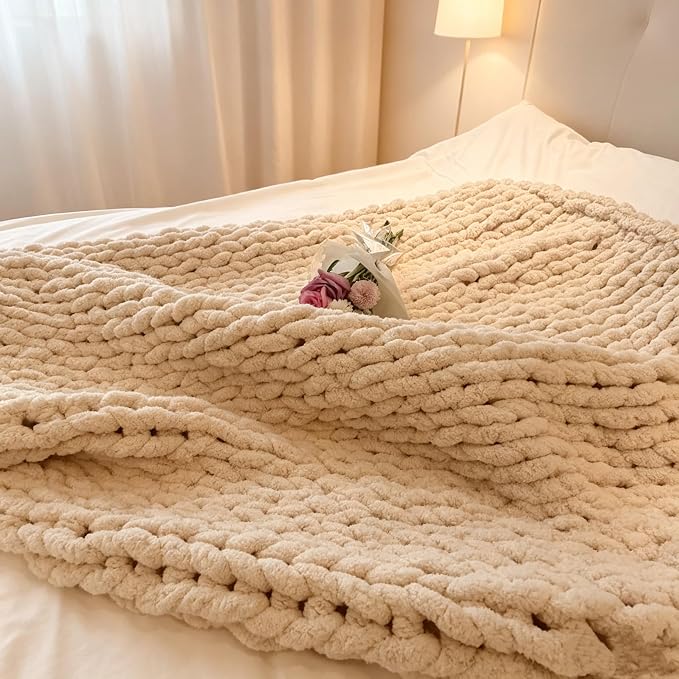 Soft Chunky Knit Throw Blanket for Couch, Cozy Warm Knitted Blankets | Hand Knit with Jumbo Chenille, Lightweight Warm Fluffy Decor for Women, Mom, Her & Girls, Sofa, Chair, Bed, 40"×60" (Beige)