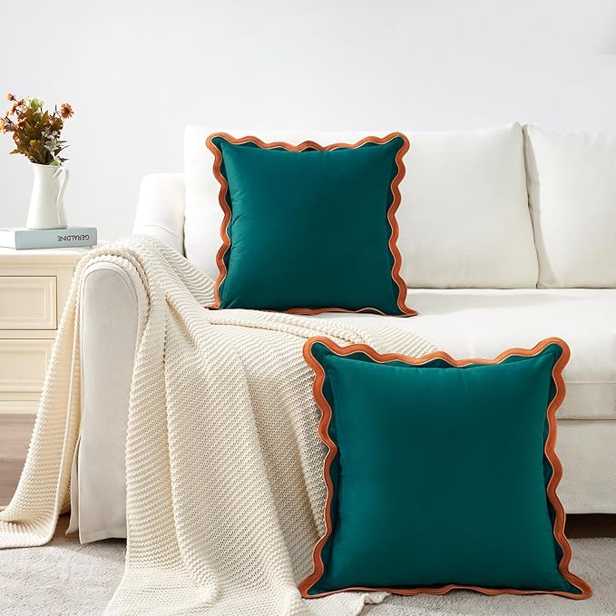 MONDAY MOOSE Decorative Throw Pillow Covers Cushion Cases, Set of 2 Soft Velvet Scalloped Wavy Edge Designs, Mix and Match for Home Decor, Pillow Inserts Not Included (18x18 inch, Coral/Dark Teal)