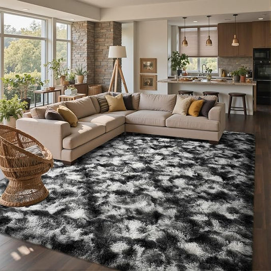 8x10 Ft Extra Large Shag Rugs for Living Room, Tie Dyed Ultra Soft Fluffy Furry Area Rugs for Bedroom Indoor Floor, Aesthetic Carpet for Kids Home Decor (Black Grey)