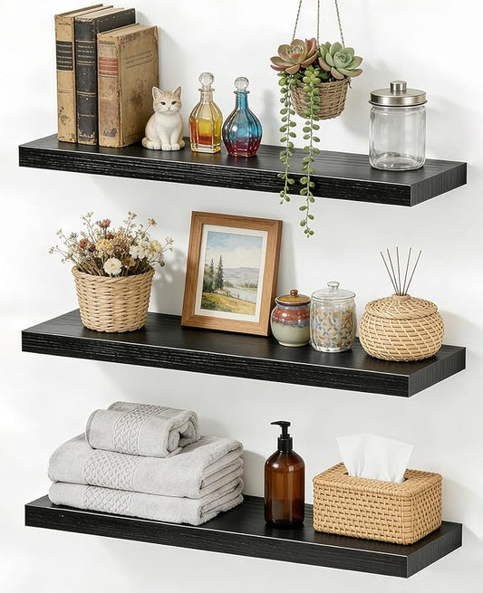 LifetimeWarranty Easy Install Floating Shelves,15.7" Wall Mounted Wooden Shelves, Small Wall Shelves for Storage&Wall Decor,Living Room,Kitchen,Office,Corner Shelf for Photo Book Plants,Set of 3 Black