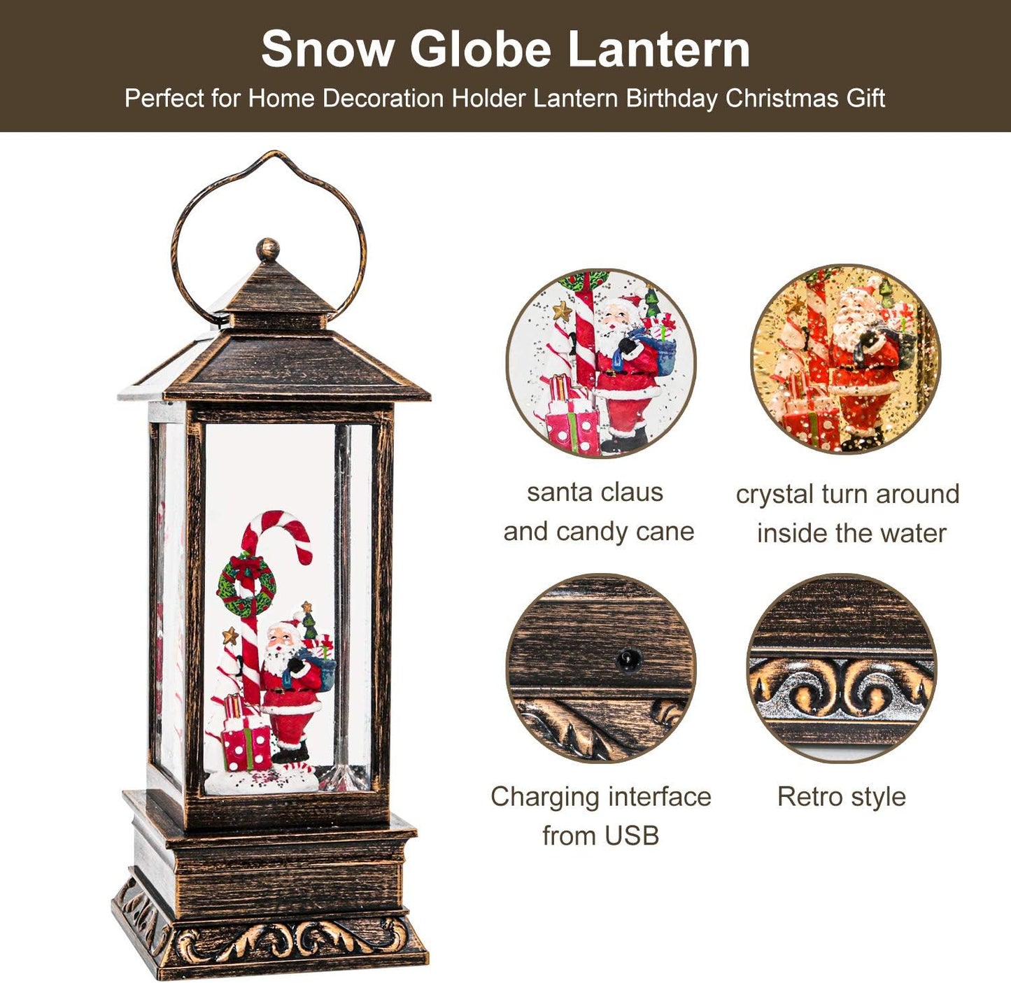 Christmas Musical Snow Globe Lantern, 12 Inch Spinning Glittering Lantern with 6 Hours Timer, USB Powered & Battery Operated for Christmas Decorations (Santa Claus and Candy Cane)