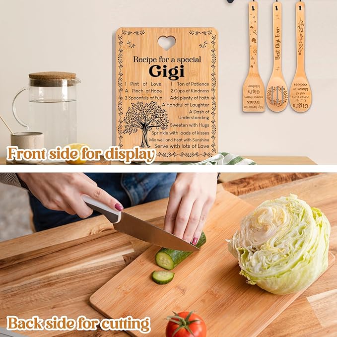 Gigi Gifts - "Recipe for a Special Gigi" Gigi Gifts for Grandma Cutting Board Set, Bamboo-Made Engraved Utensil Set Gifts for Gigi Cutting Board, Mothers Day Gifts for Gigi.