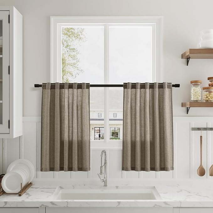 Nanspring Mocha Linen Kitchen Curtains 30 Inch Length 2 Pack Semi Sheer Linen Blend Minimalist Light Filtering Short Drapes Back Tab Rod Pocket for Small Windows Cafe Bathroom Laundry 36Wx30L