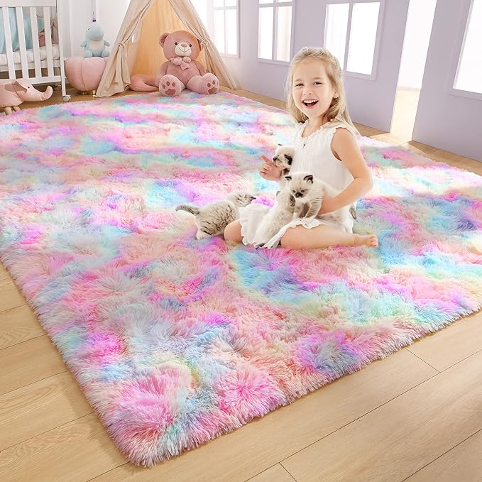 AROGAN Soft Rainbow Area Rugs for Girls Room 2x4 Feet, Fluffy Girls Bedroom Rugs, Princess Rug, Cute Colorful Carpet for Kids Teens Nursery Toddler, Pink