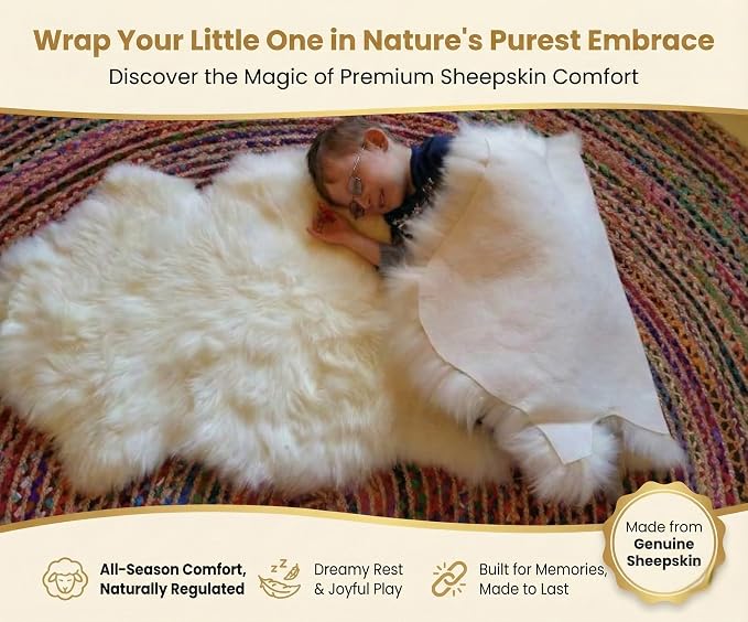 Woolous Sheepskin Rug, Genuine Sheep Skin Chair Throw 2x3 ft Ivory | Natural lambskin pelt with fluffy wool texture. Ideal as area rug, chair throw, bedroom or living room decor.