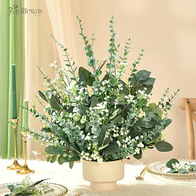 110 PCS 4 Kinds Mixed Artificial Greenery Stems,Baby Breath Flowers Artificial Bulk with Fake Eucalyptus Stems for Wedding Vase Bouquet Home Floral Decor