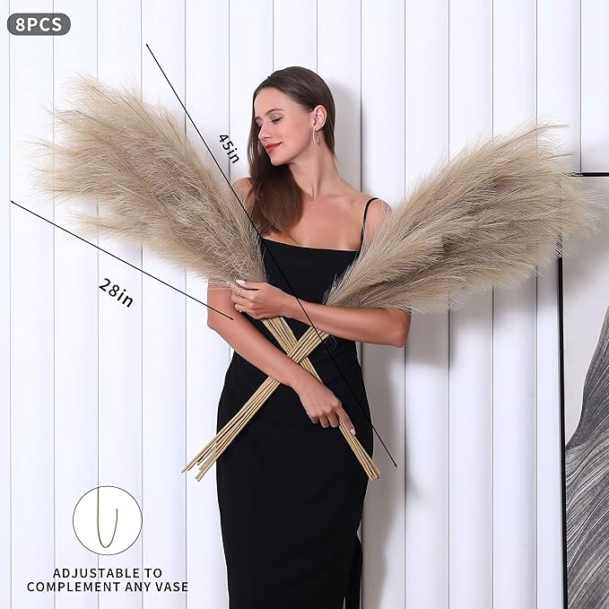 Wertuirk 8 Pcs 45 inch Tall Faux Pampas Grass Decor, Large Artificial Brown Pompous Grass Bulk, Long Fake Pompas for Floor Vase Filler, Wedding, Baby Shower, Home and Boho Decor (Brown)