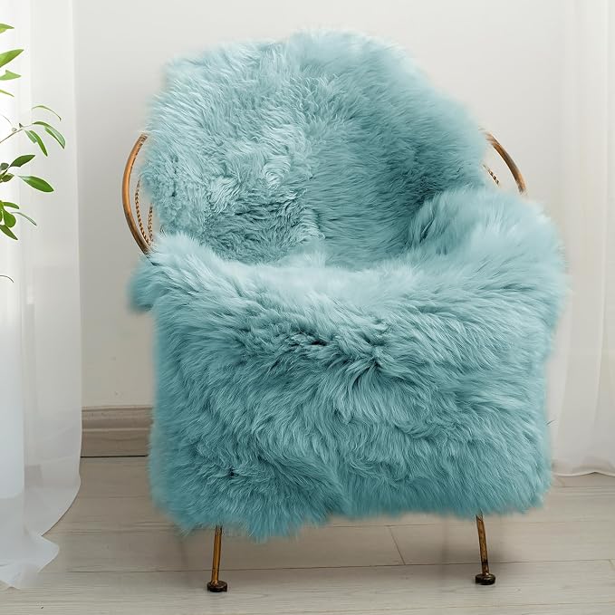 Premium Genuine Sheepskin Area Ruge - Real Wool Fur Shaggy Carpet | Fluffy Soft Natural Lambskin Rug Seat Chair Covers for Couch Sofa Bedroom Living Room(Light Blue,2×3 Feet Sheepskin)