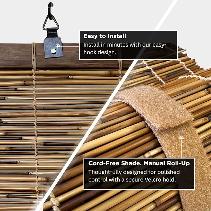Forever Bamboo Light-Filtering Cord-Free Bamboo Reed Roll-Up Blind Shades for Windows Manual Roman Blinds Coffee 72 in W x 72 in H (Pack of 2)