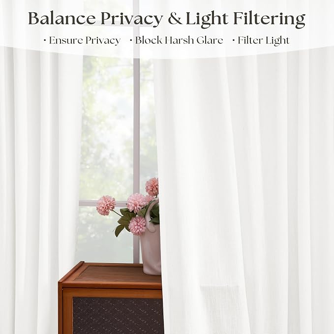 Ivory Off White Semi Sheer Pinch Pleated Linen Window Curtains | 54 Inch, Small, Light Filtering, Semi Sheer, Bay Window, Office, Burlap Textured, Memory Shape, Hook Rings, Boho Modern, Kids