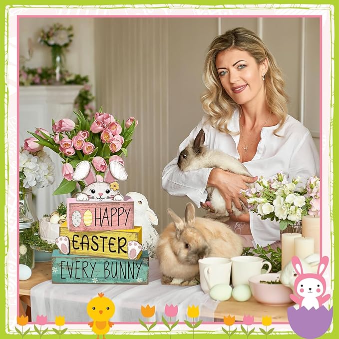 Moucuny 4 Pcs Easter Table Decorations Bunny Tiered Tray Decor Wooden Bunny Block Signs for Family Gatherings, Reusable Happy Easter Centerpiece for Kitchen, Home Shelf, Office & Spring Party Tables