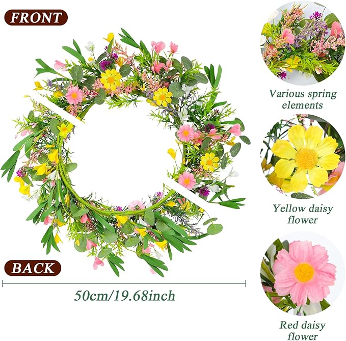 2Pcs 20 Inch Artificial Spring Wreath Handmade Wildflower Daisy Lavender Wreath Colorful Spring Wreath for Front Door Home Wall Porch Farmhouse