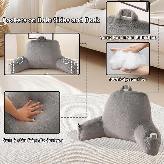 Soft Reading Pillow for Bed with Arms,Middle,Gray,Faux Fur | 17" Backrest with Arms for Gaming & Lounging,Oeko-TEX Certified Plush Back Pillow for Teens Room