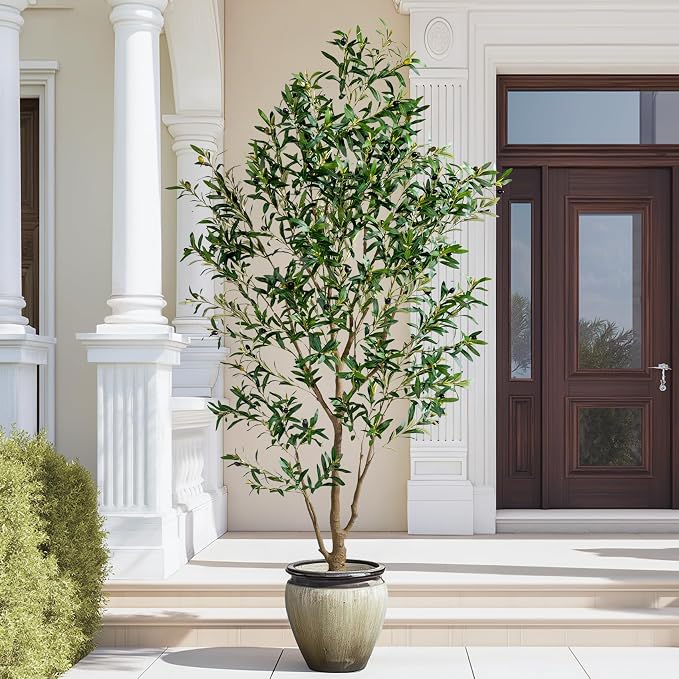 7FT Artificial Olive Tree with Realistic Leaves & Natural Trunk, Faux Silk Olive Plant in White Planter, Tall Fake Tree for Modern Home Office Living Room Entryway Corner Decor, Maintenance Free