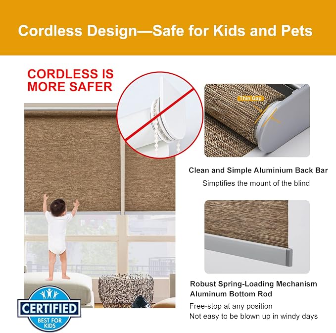Persilux Custom Size Natural Woven Cordless Roller Shades, Free-Stop Window Shades for Home, Roller Window Shades, Light Filtering Window Blinds for Windows, Kitchen and Door (Brown)