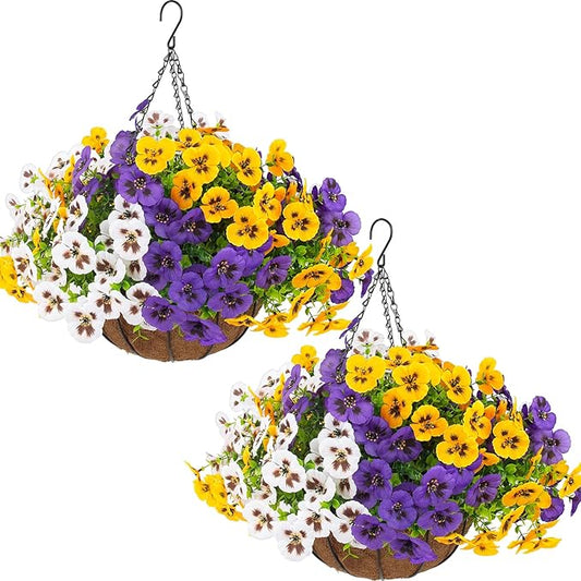 lovemoon 2 Sets Artificial Hanging Pansy Flowers with Baskets, 24 Pcs UV Resistant Faux Silk Pansy Outdoor Hanging Flower for Porch Patio Garden Home Spring Decor (2, White,Yellow,Purple)