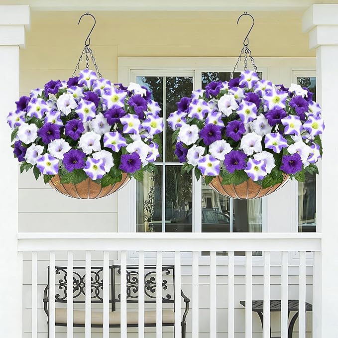 MARTINE MALL Artificial Flowers for Outdoors, 4 Bundles Realistic Fake Outdoor Flowers, UV Resistant Silk Petunia Flower for Outside Look Real Faux Flower Plants for Outdoor Porch Decor, Purple White
