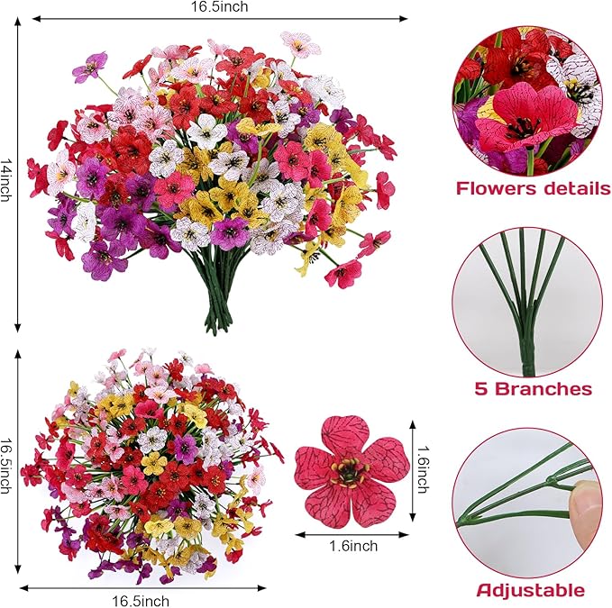 Geegoods Artificial Mums Flowers for Outdoors, 12 Bundles UV Resistant Fake Plastic Colorful Mix Flowers for Patio Porch Spring Summer Decor
