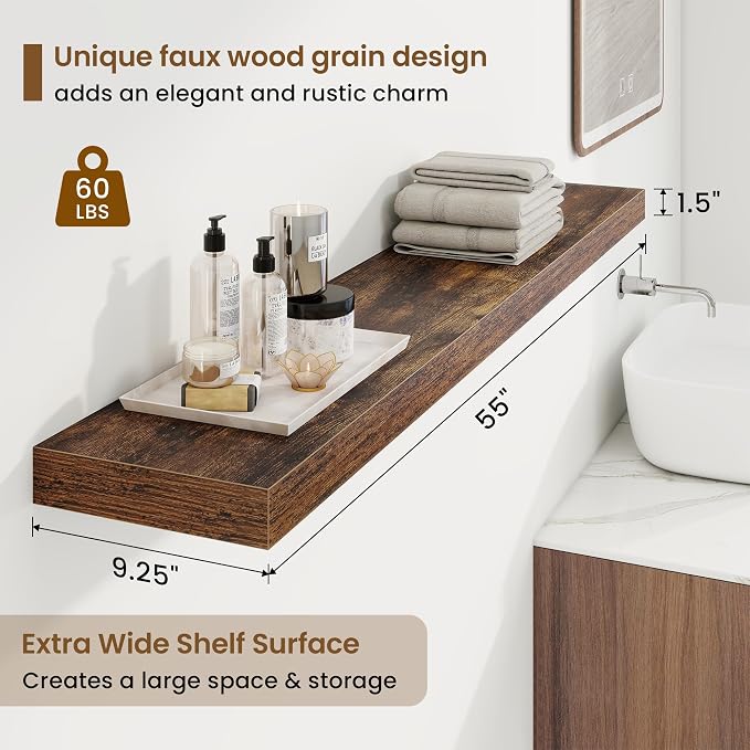 Marsmiles 55in Floating Shelves for Wall, 55" W x 9.25" D x 1.5" H, Long Wall Mounted Engineered Wood Shelves with Invisible Brackets for Living Room, Bedroom, Bathroom, Kitchen, Rustic Brown, 2Pcs
