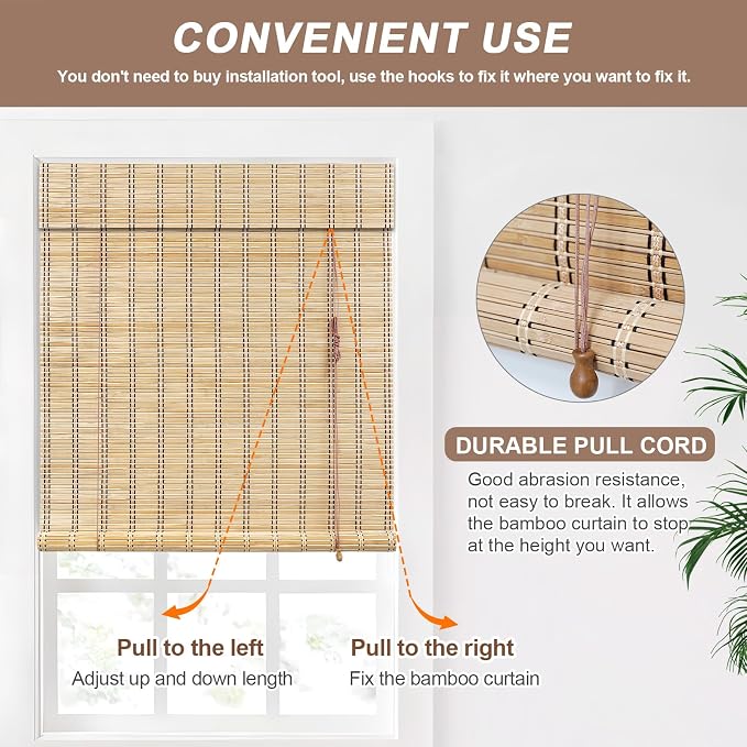 No Tool No Drill Bamboo Blinds for Interior Windows, Bamboo Shades for Indoor Windows, Roller Shades for Indoor Window and Outdoor Patio, Easy to Install for Home & Porches