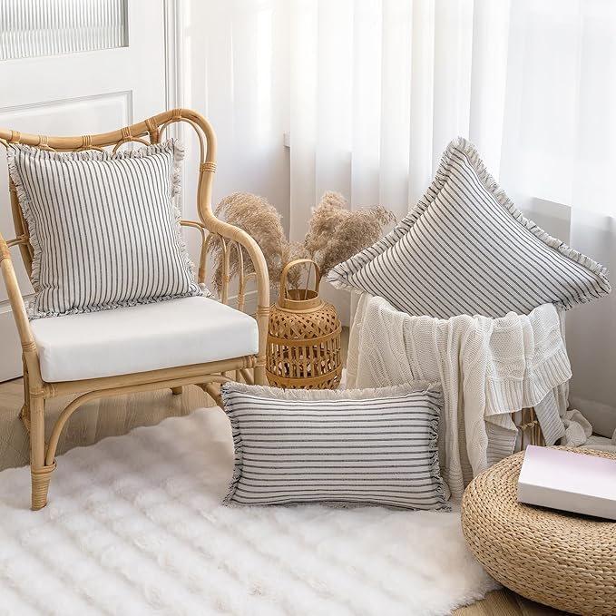 YEENAASY Throw Pillow Covers 16x16 Set of 2 Striped Fringe Pillow Cover Farmhouse Cushion Covers with Tassel Neutral Boho Pillows Decorative Square Pillowcase for Couch Sofa Bed, Black