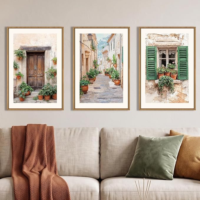 BICERE Large Vintage Italy City Framed Canvas Wall Art,Nature Italian Landscape Wall Decor,Modern Europe Street Art Prints,Minimalist Countryside Artwork for Living Room,Dining Room,Farmhouse -16"x24"x3