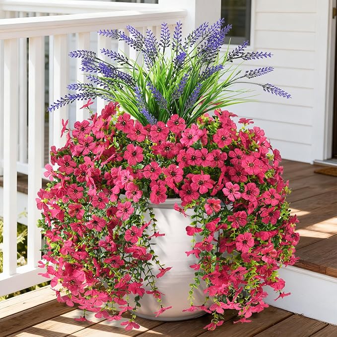 Homsunny Artificial Fake Hanging Flowers Plants for Outdoor Outside Decoration, Faux Silk Daisy Flower Realistic UV Resistant for Front Porch Patio Balcony Garden Yard Indoor Planter Home Decor(Pink)