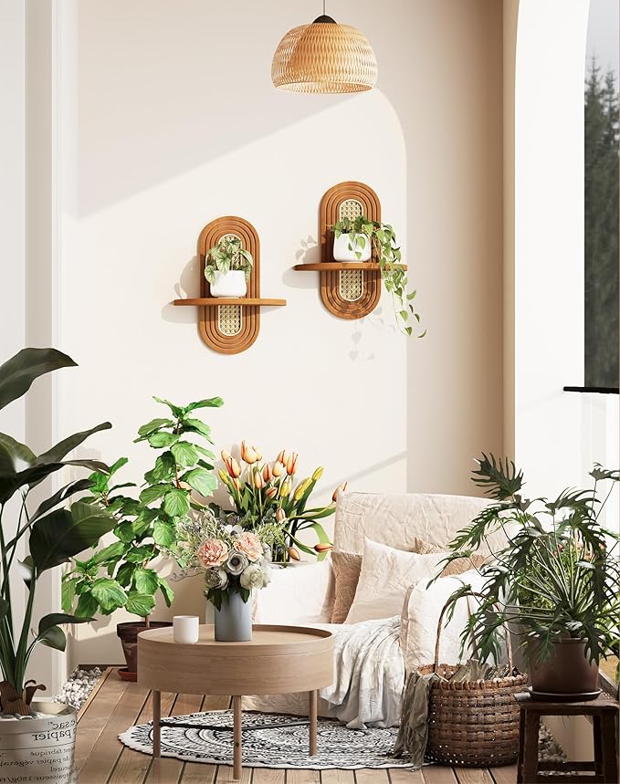 Floating Shelves for Wall, Boho Home Wall Decor,Rattan Plant Shelf Set of 2, Mid Century Small Decorative Shelf, Natural Wood Shelves for Living Room,Bedroom,House,Office (Walnut)