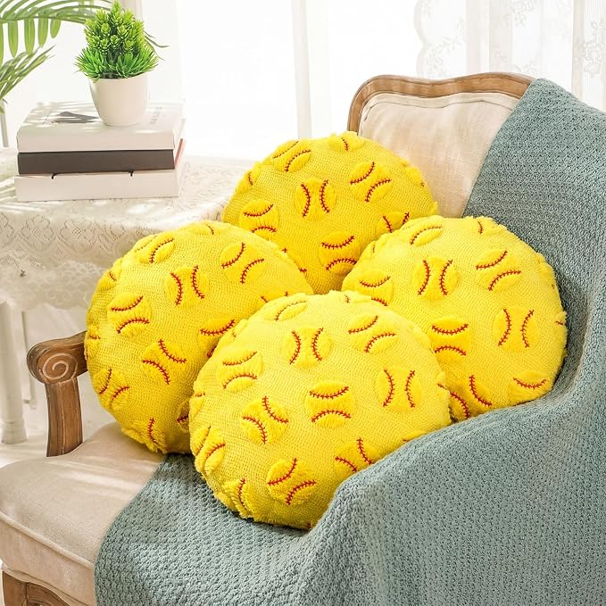 Gerrii 4 Pcs Sports Throw Pillows Basketball Softball Football Soccer Volleyball Tennis Pillow Fluffy Stuffed Plush Cushion Gift for Senior Night Home Bedroom Decor Birthday Present(Jacquard Softball)