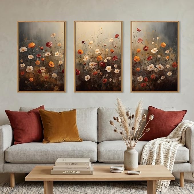 KAIRNE Moody Colorful Wildflower Framed Canvas Wall Art Set,Vintage Daisy Floral Wall Decor,Watercolor Flowers Art Prints,Rustic Botanical Artwork for Living Room,Bedroom,Farmhouse,Office-16 x24 x3