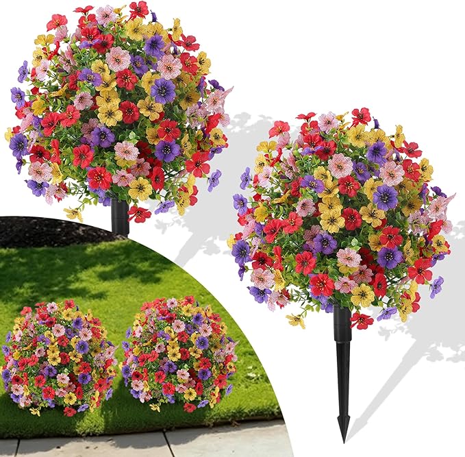 Alupssuc 2Pcs 20" Artificial Topiary Ball Flowers, Spring Outdoor Decoration with Spike, UV Resistant Faux Summer Plants, Faux Bushes Plants, Red Deep Purple Yellow Pink for Garden, Porch Decor