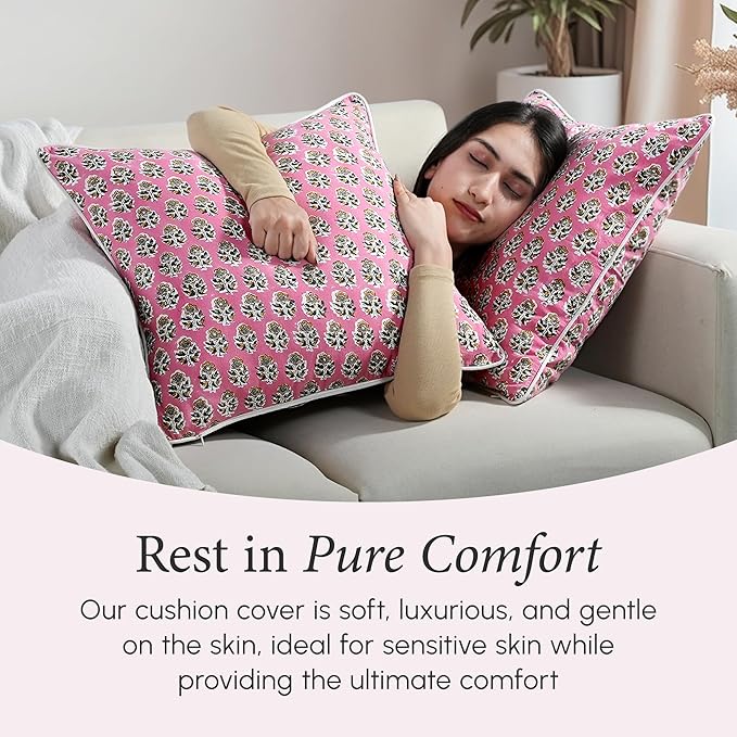 CPC 100% Cotton Throw Pillow Covers 24x24 Inch, Set of 2 Green Block Print Pattern Couch Pillow, Cute Boho Decorative Pillows for Living Room, Bedroom with Hidden Zipper- Poppy Pink