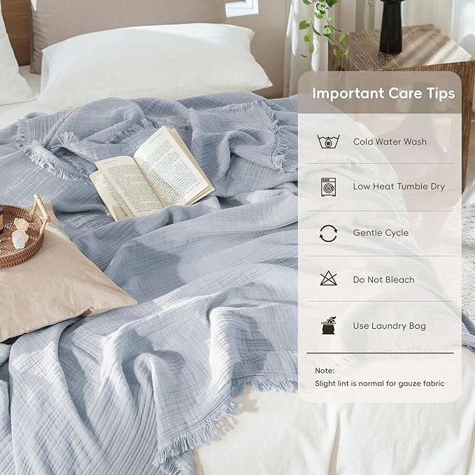 MooMee Muslin Blanket - 100% Cotton 4-Layer Gauze Throw Blanket with All-Around Fringe, Soft Breathable Lightweight Cooling Summer Blankets for Bed Couch(Dusty Blue,King 104" x 90")
