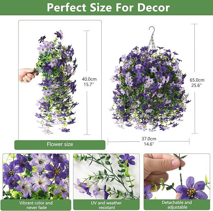INQCMY Artificial Faux Hanging Flowers Plants Basket for Outdoor Outside Spring Summer Decoration,UV Resistant Fake Silk Daisy in Planter Resistant Look Real for Home Porch Balcony Patio Yard Decor