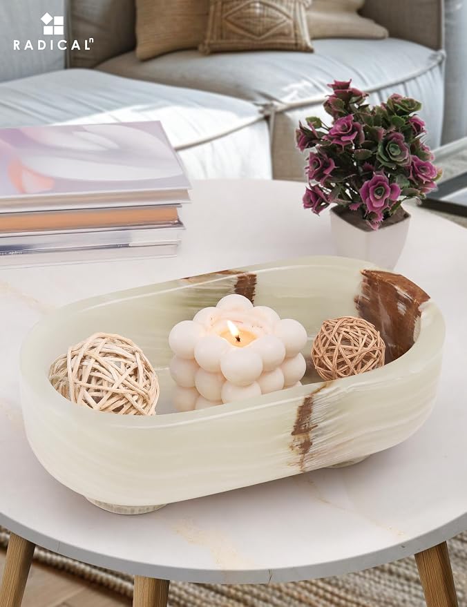 Radicaln Marble Oval Bowl With Stand 10" Inches White Onyx Handmade Fruit Bowl For Kitchen Counter, Ideal Serving Bowl, Candy and Candle Dish & Banana Holder For Kitchen Table