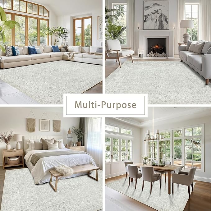 Srugn Washable Rugs 5x7 Area Rugs for Living Room,Bedroom,Large Carpets,Ultra Soft Faux Wool Retro Dining Room Rug,Non Slip&Non-Shedding Low Pile Vintage Rugs for Home Office,Concrete Grey