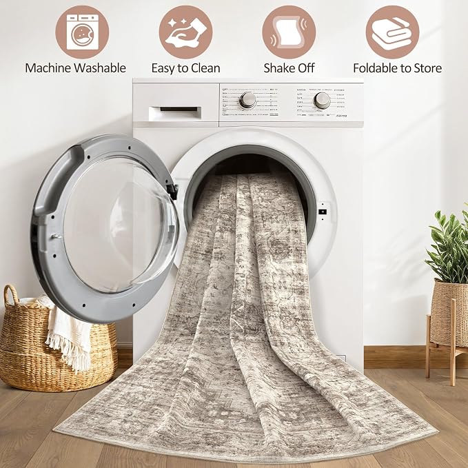 10x14 Area Rugs Living Room: Washable Boho Large Neutral Vintage Soft Rug Stain Resistant Farmhouse Non Slip Indoor Floor Carpet for Bedroom Nursery Kids Playroom Office Dining Room- Tan