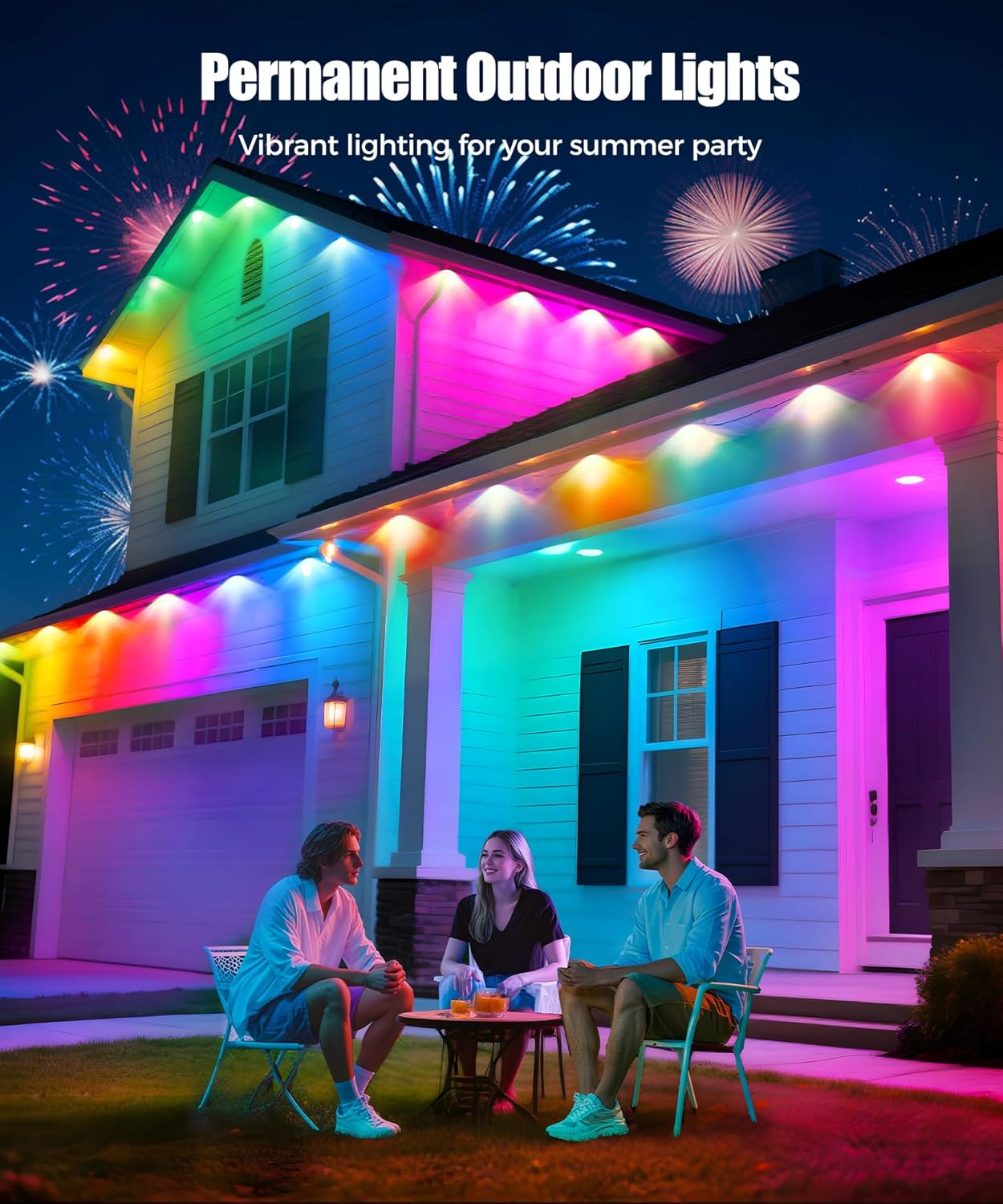 POOFZY Permanent Outdoor Lights for House, 150ft RGB+IC Smart Outdoor Decor, 50 Scene Modes, App/Remote Control, IP68 Waterproof, for Christmas, Holiday, Daily & Pool Party Decor, House Roof Lighting