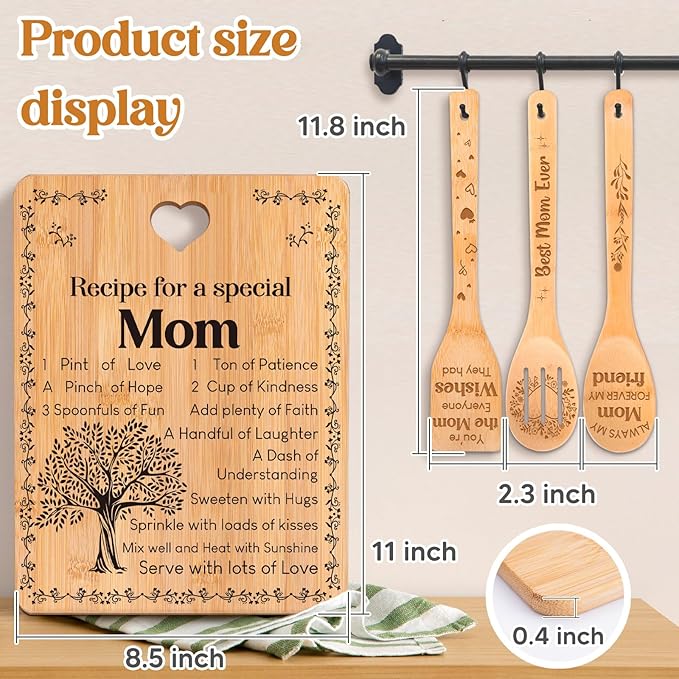 Gifts for Mom - "Recipe for a Special Mom" Mom Birthday Gifts Cutting Board Set, Bamboo-Made Engraved Utensil Set, Birthday Gifts for Mom from Daughter/Son, Mothers Day Gifts
