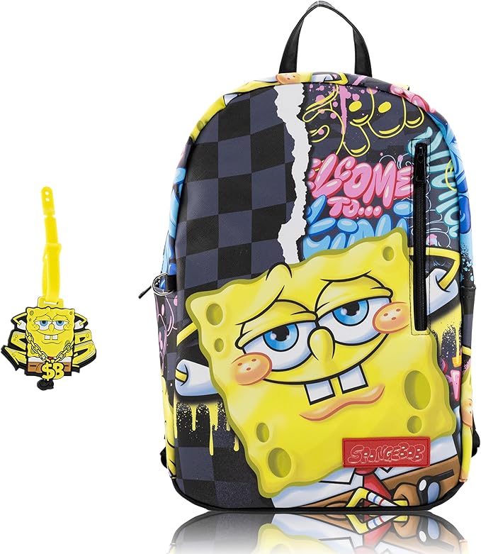 Fast Forward SpongeBob SquarePants Backpack for Teens | 16" Saffiano Leather School Bookbag with Rubber Luggage Tag | SpongeBob Bag for Boys, Girls, Unisex | Officially Licensed Nickelodeon