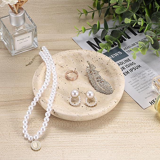 Travertine Jewelry Tray Round Trinket Dish Vintage Decorative Tray Entry Table Nightstand Bowl for Display Rings Earrings Necklace Key Organizer Home Decor