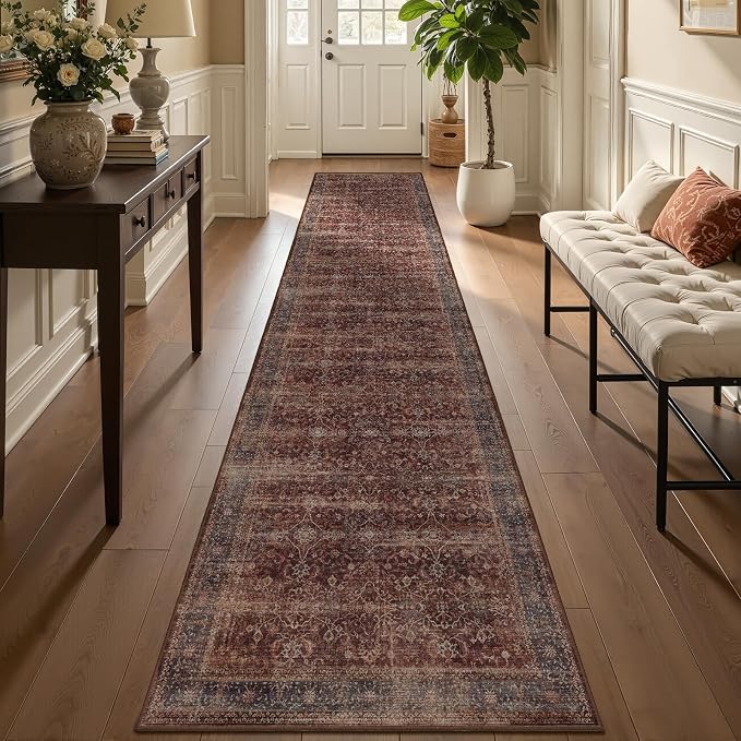 Brick Red 2x10 Rug Runners for Hallways Non Slip, Long Kitchen Runner Rugs Non Skid Washable, Vintage Famrhouse Low Pile Thin Print Carpet Runners for Entryway Corridor Mudroom Foyer